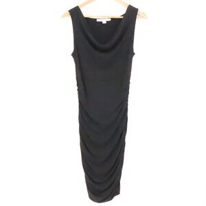 Boston Proper Black Ruched Midi Bodycon Dress LBD NYE Timeless Cowl Neck‎ Size 4
